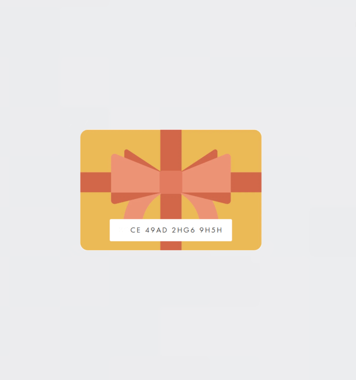 Example of digital gift card that is e-mailed   after purchase, to be used in the checkout at Hanataba's online store. A yellow card is displayed on a light gray background. The card has a red and pink ribbon with an example gift card code.