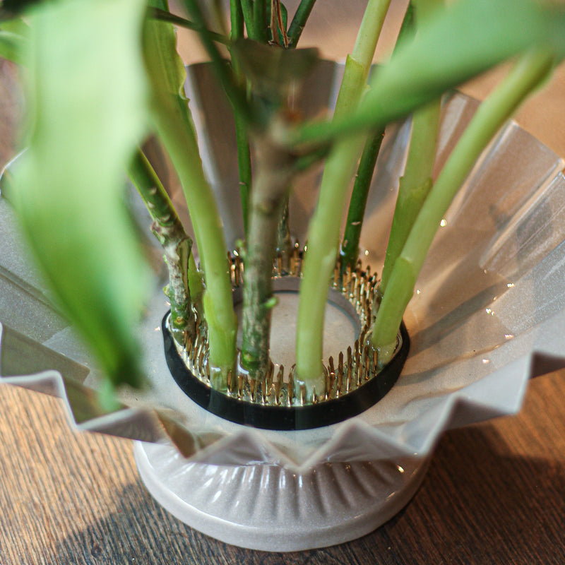 Gros plan sur un kenzan de 70 mm à la base d'une composition florale, ses épingles en laiton tenant fermement les tiges vertes au-dessus d'un plat en verre ondulé, mettant en valeur l'outil essentiel de l'art floral de l'ikebana.