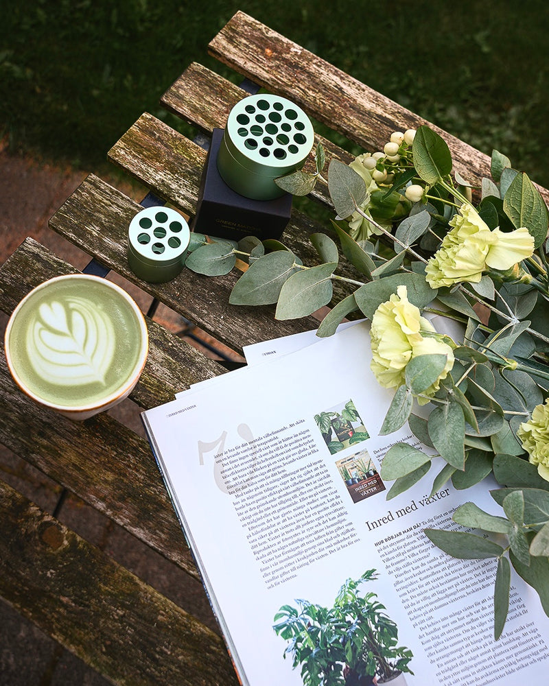 Eucalyptus et tasse de thé matcha à côté de l'outil de torsion de bouquet Hanataba sur une table en bois dans un jardin.