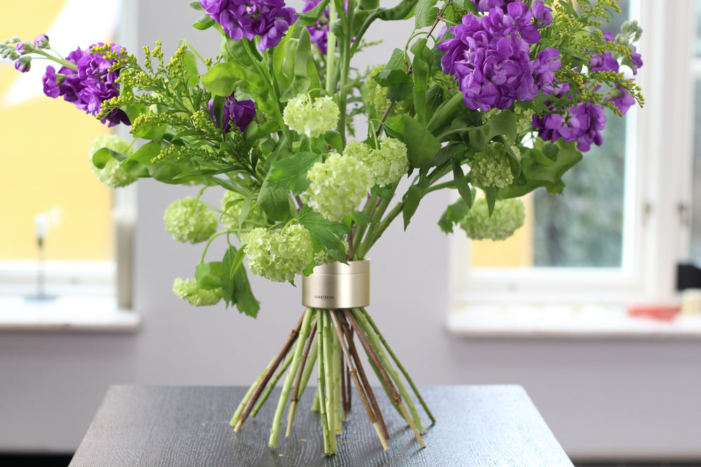 Bouquet vibrant composé de souches violettes et de viornes vertes, arrangé à l'aide d'un porte-tube en spirale Hanataba Original en or champagne, sur une table près d'une fenêtre.