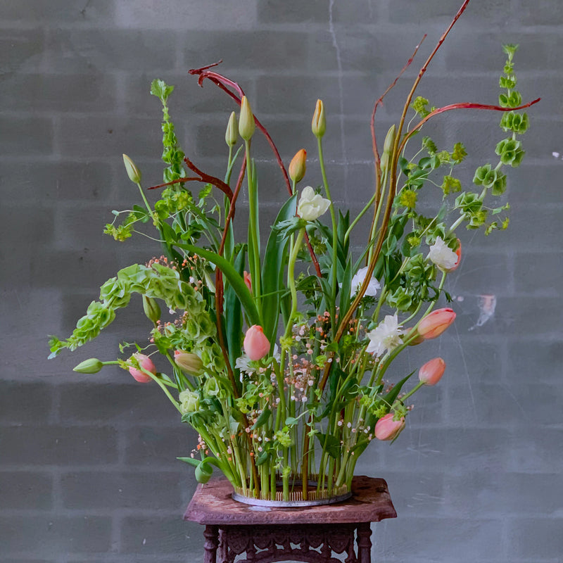 Un bouquet vibrant composé de tulipes et d'un éventail de verdure, méticuleusement arrangé avec un anneau Kenzan de 200 mm sur un piédestal en bois orné, contre un mur de briques grises.